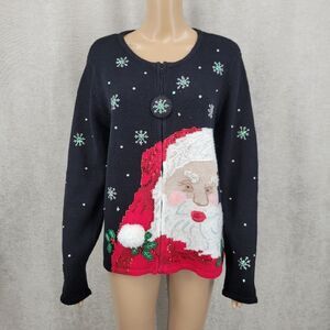 Festive Santa Women's Full Zipper Ugly Christmas Sweater Jacket Cardigan Large